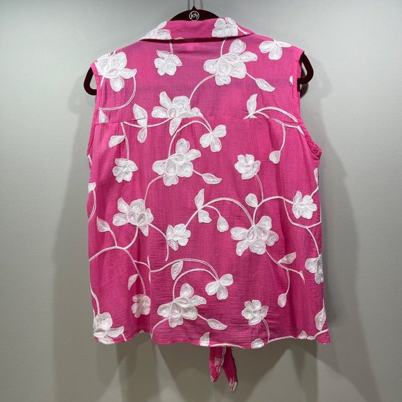 CABANA CAY Women's Embroidered Floral Sleeveless Top Tank Tie Waist Pink Size L - Picture 11 of 11